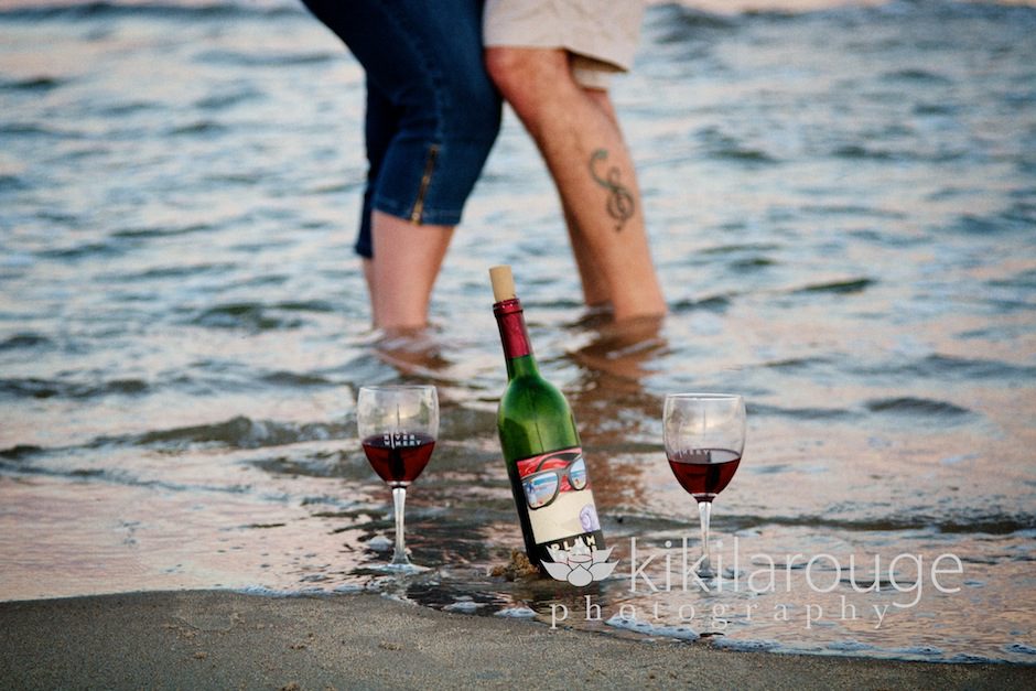 wine in waves at beach