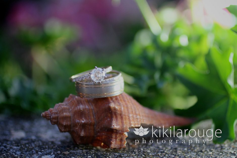 Wedding rings macro shot on shell