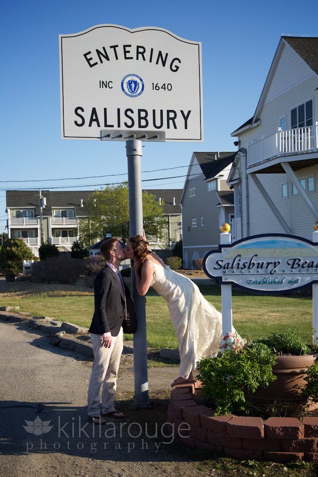 Bride and Groom at Salisbury Beach sign