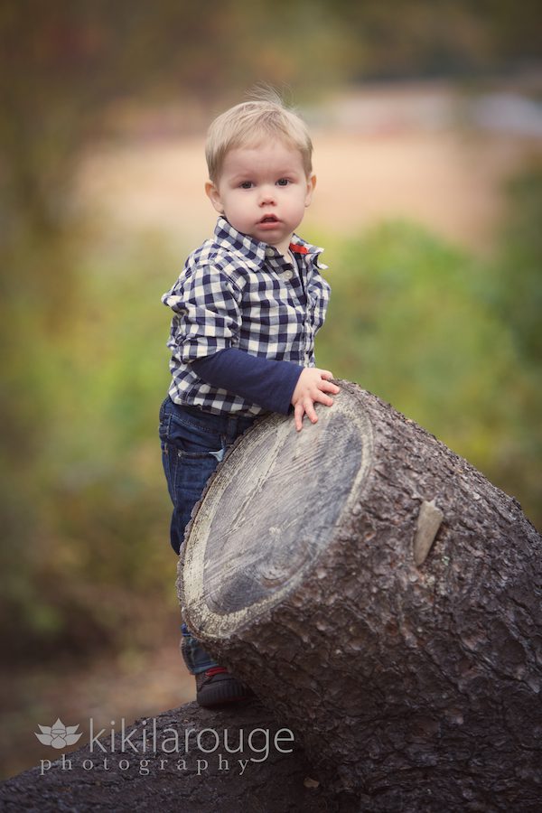 Portrait of little boy on log