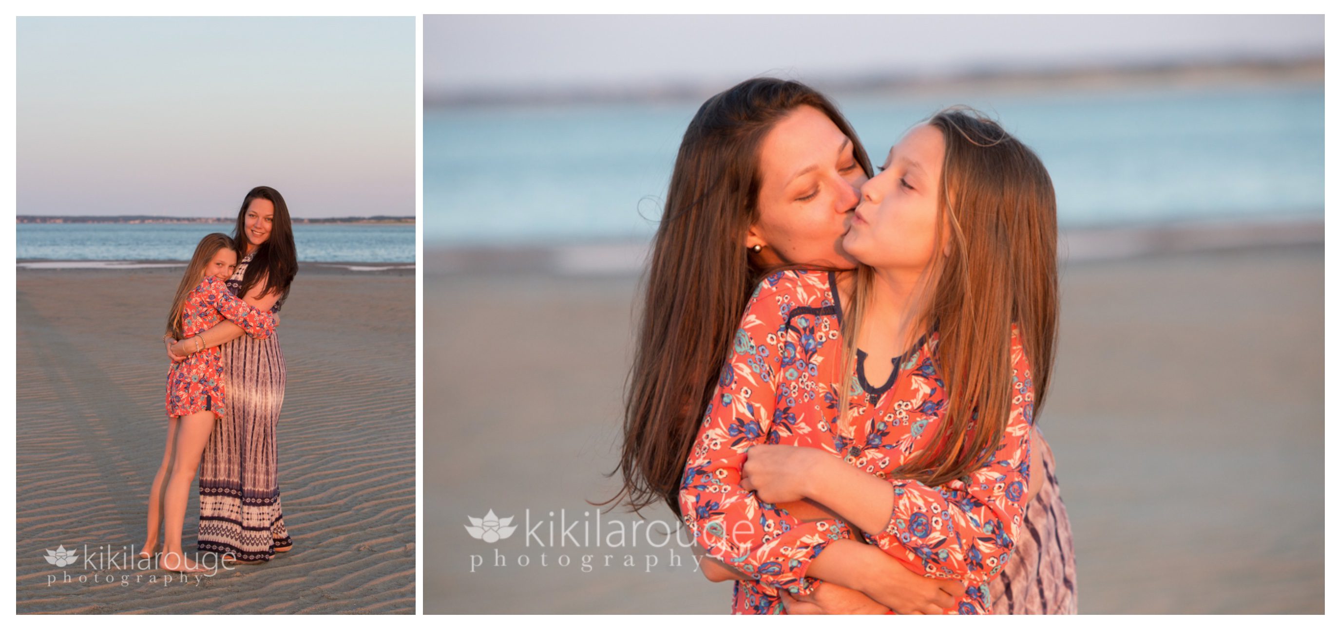 Little girl kissing Mom on beach