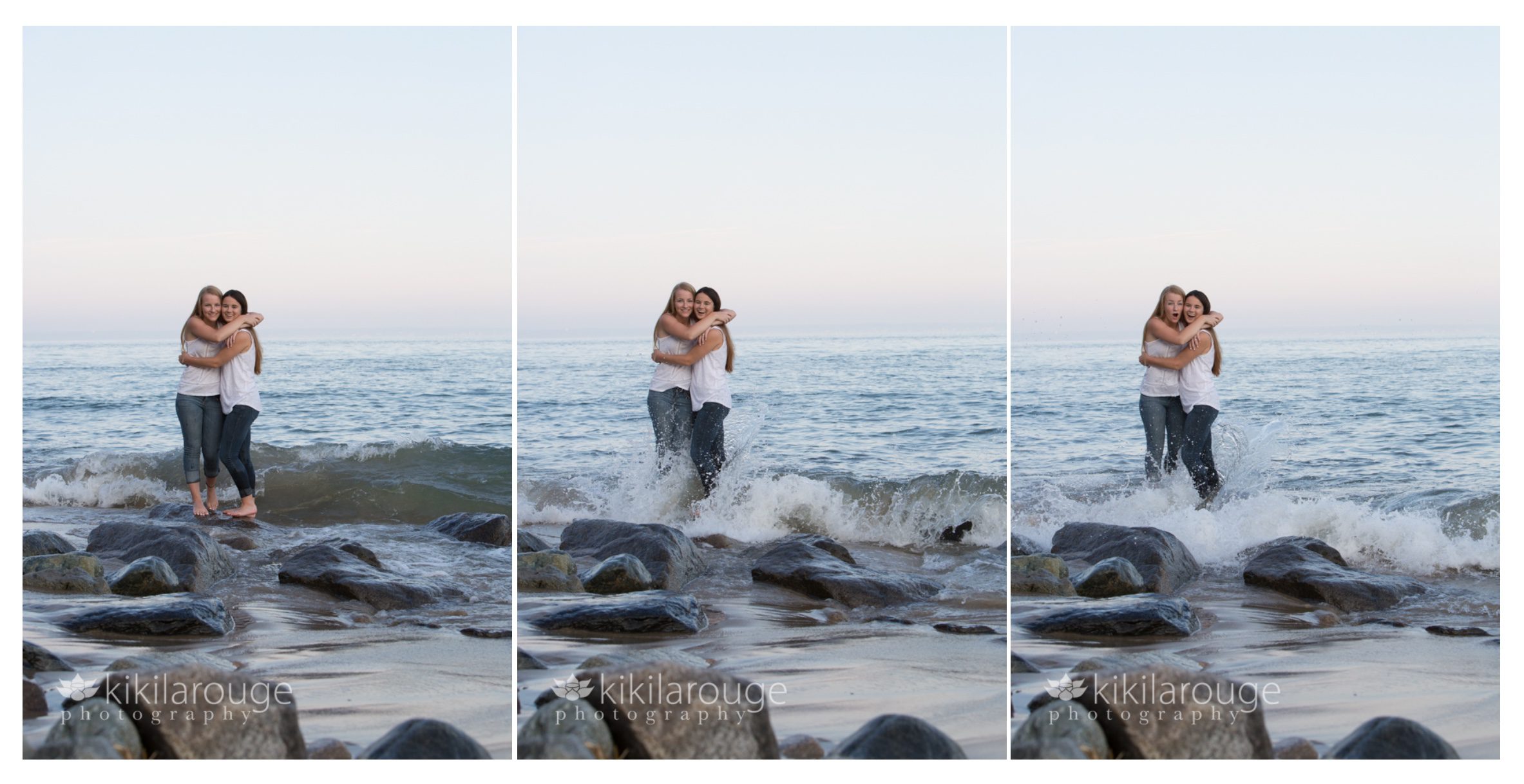 Sisters playing in water at Plum Island triptych