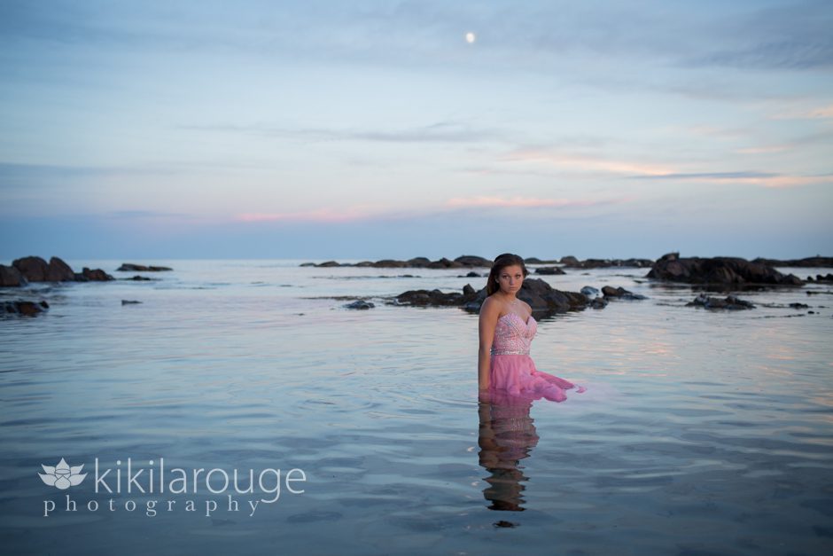 Kennebunk Senior Girl Portrait Pink Dress in water