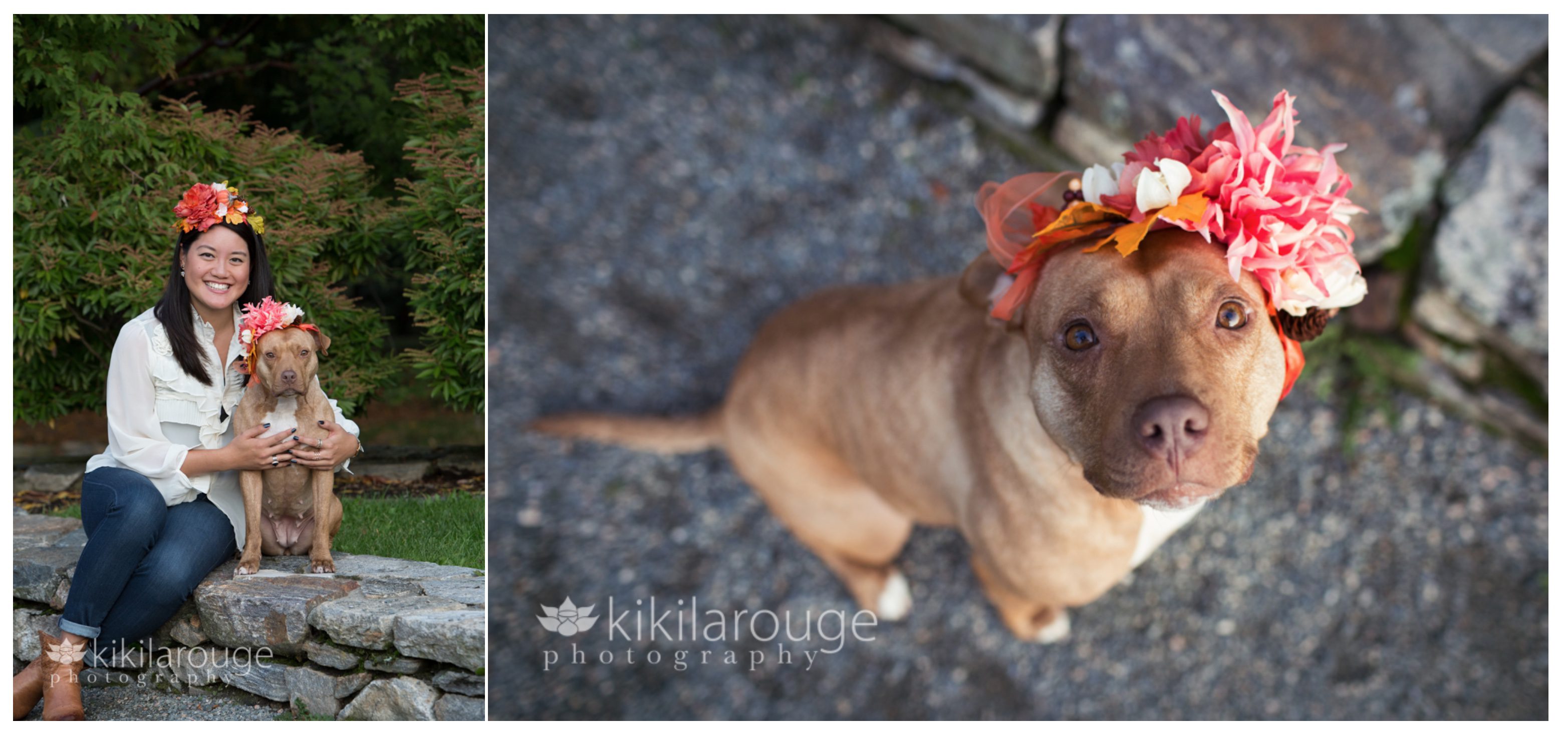 rescue pit bull with mom and floral crown