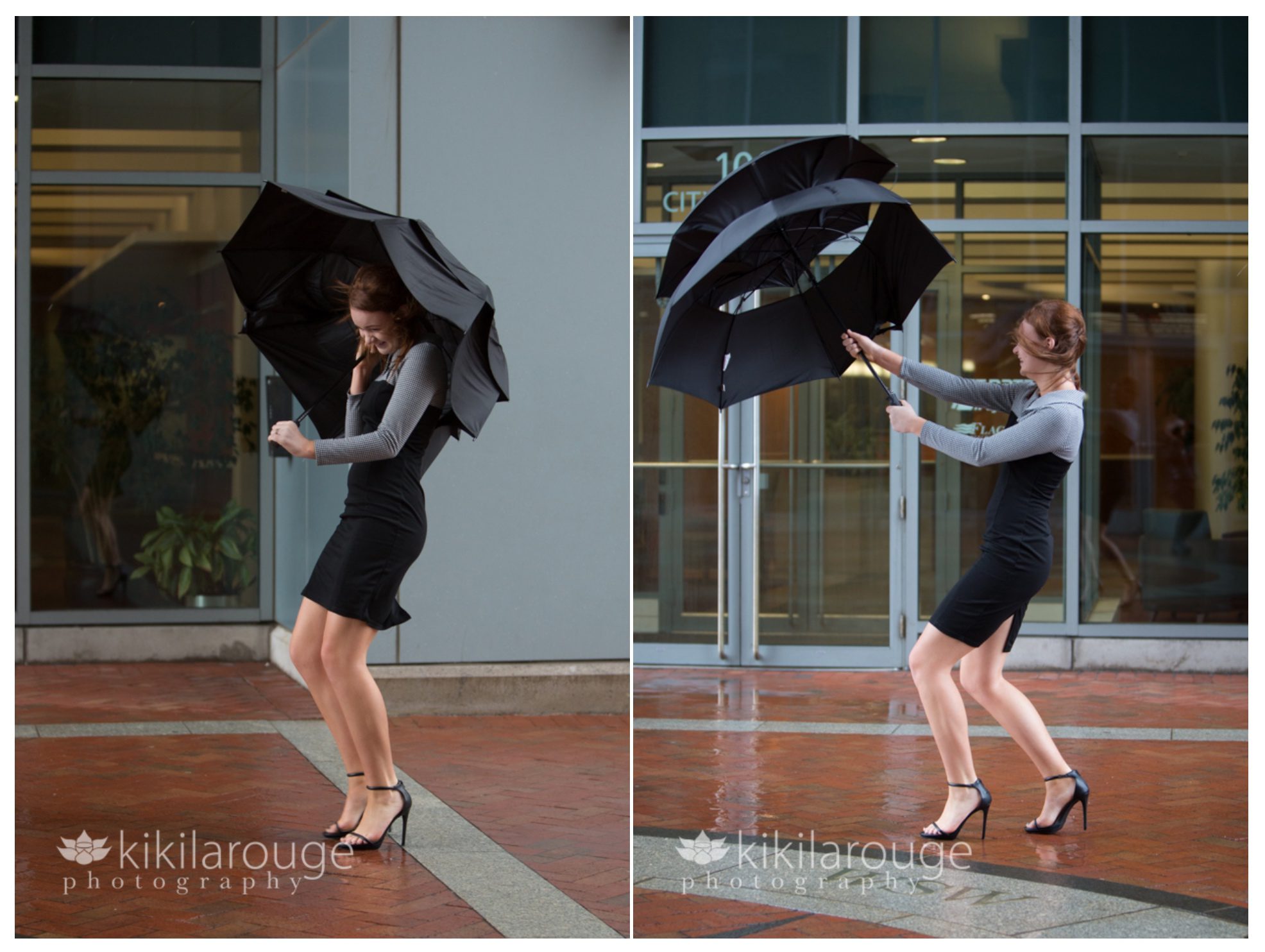 Girl with umbrella being blown in stormy weather Boston
