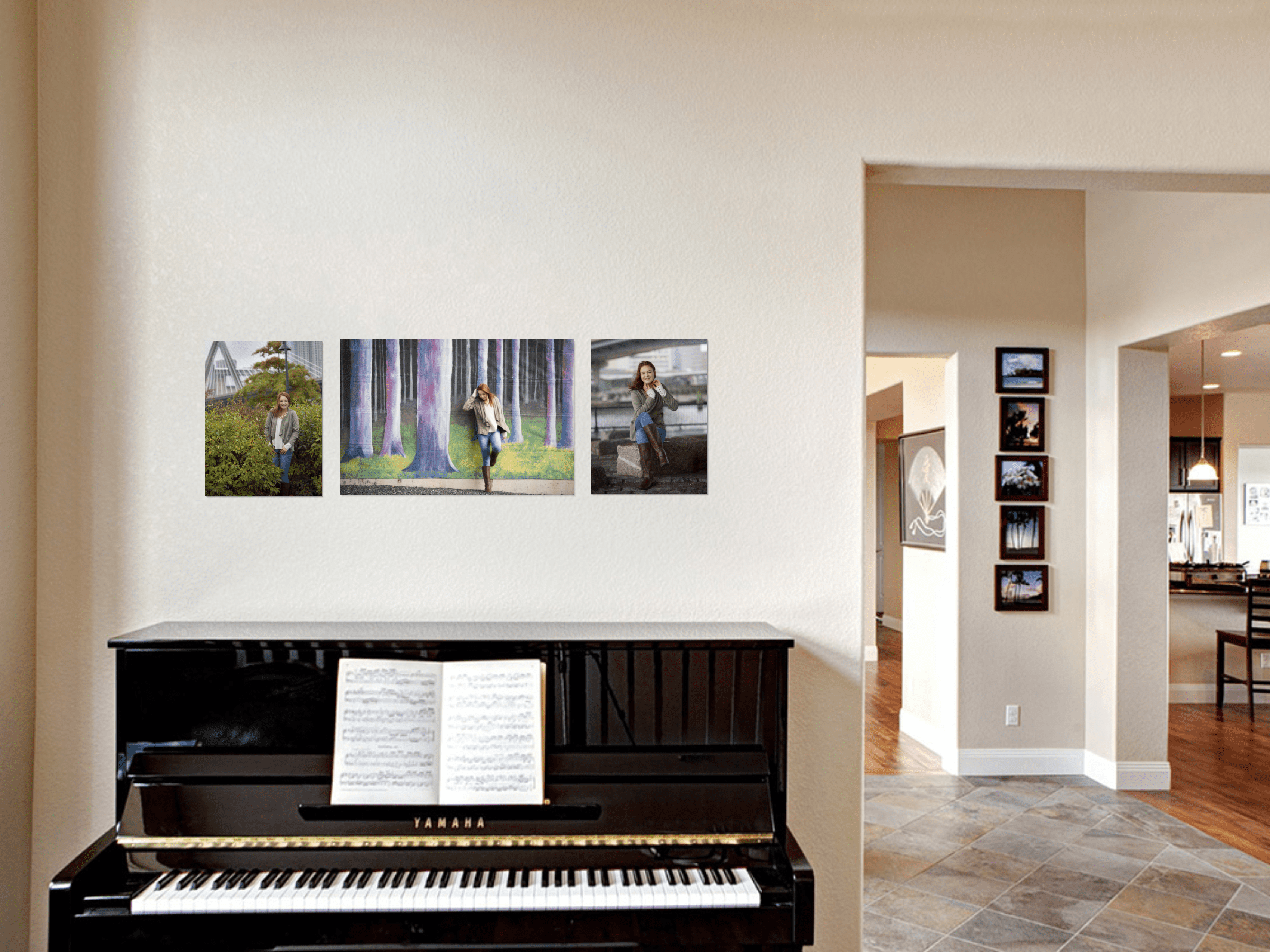 Wall Art Cluster from Senior Portraits over Piano