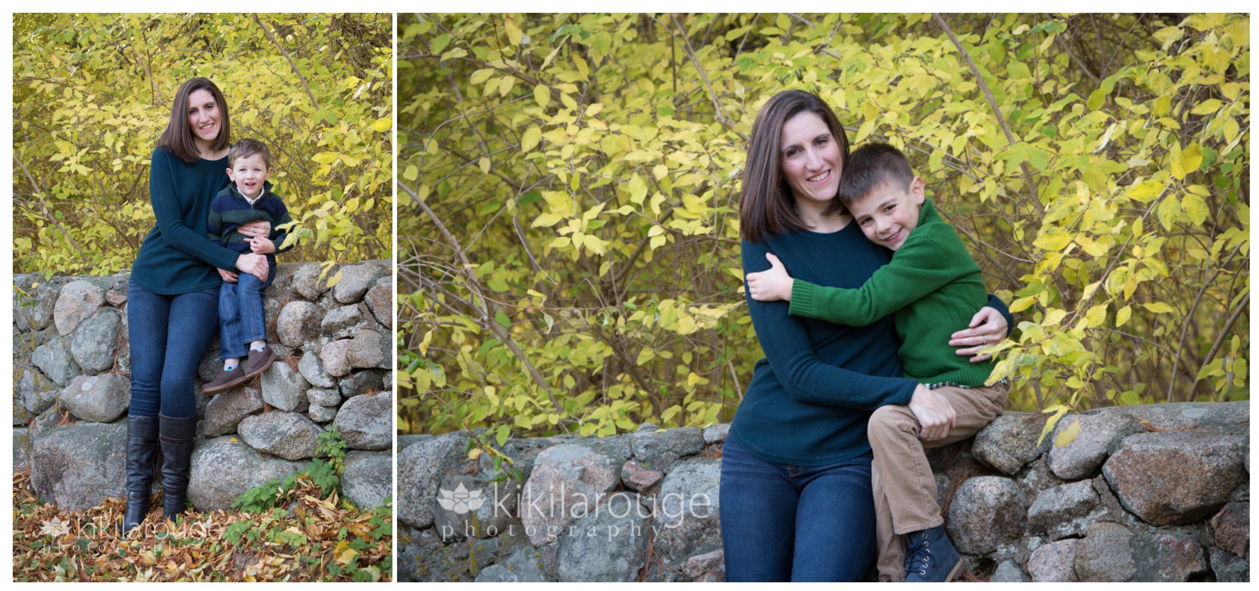 Mom and sons on stone wall fall scene