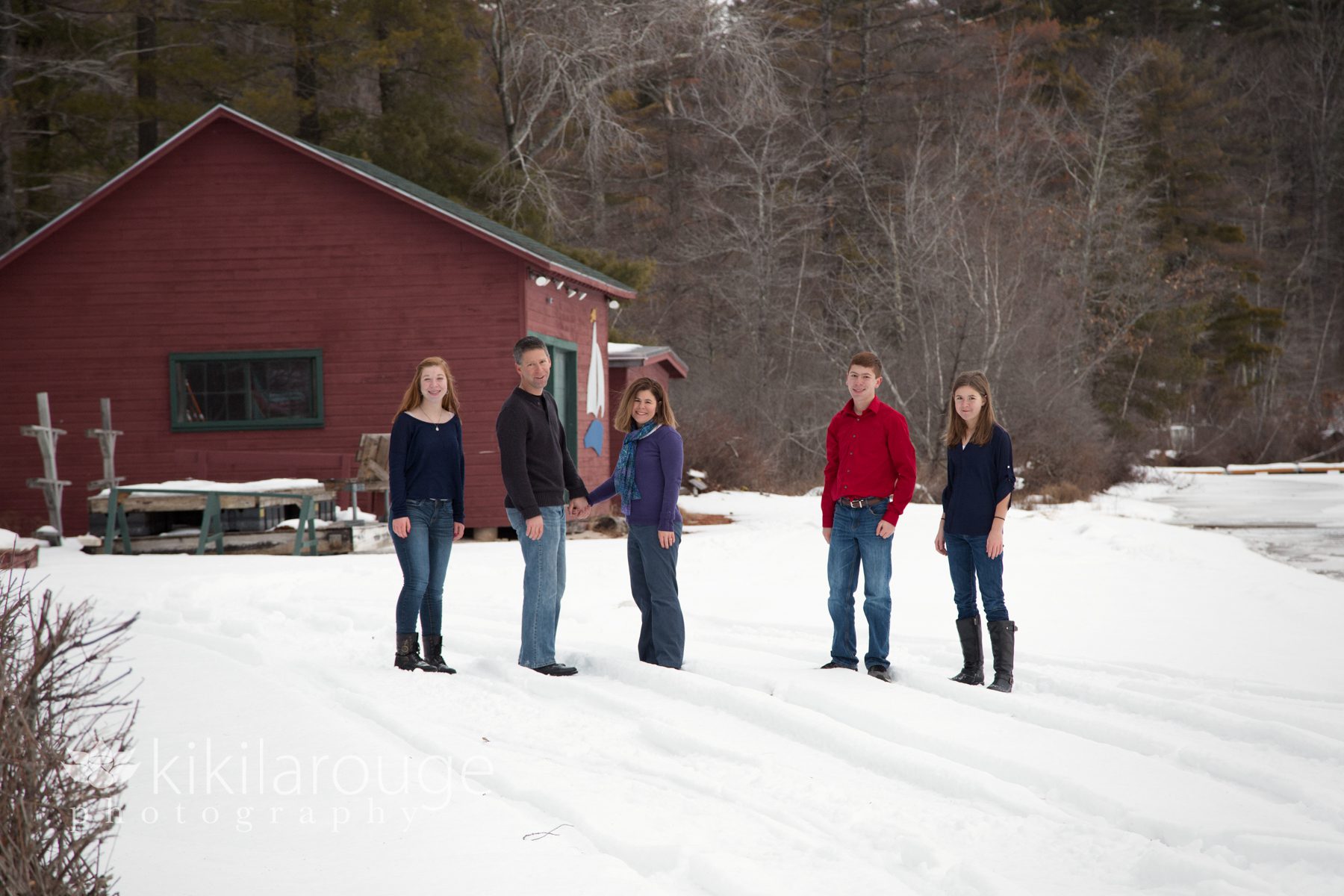 Family Portraits in snow at camp in Maine