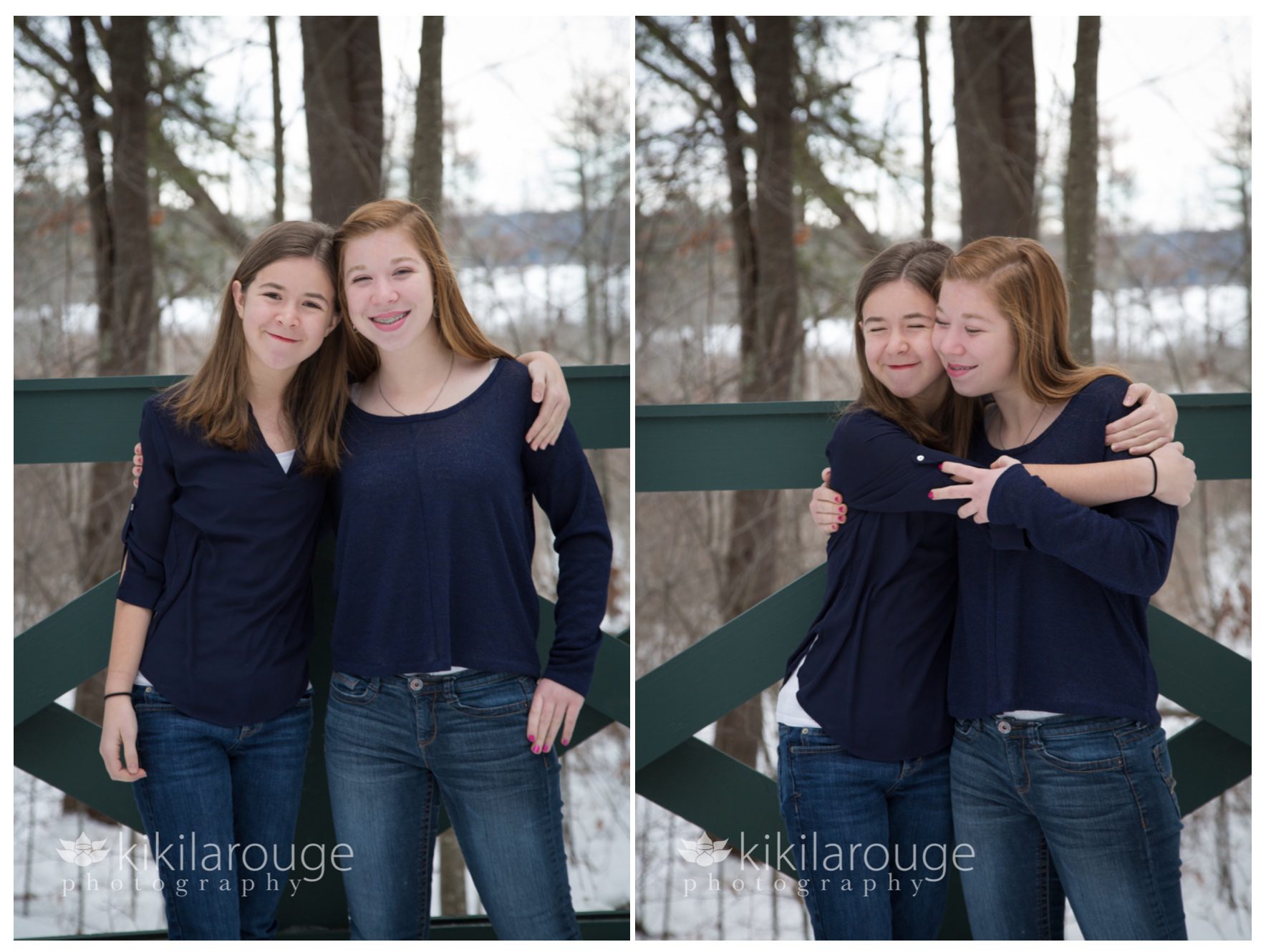 Two photos of sisters hugging