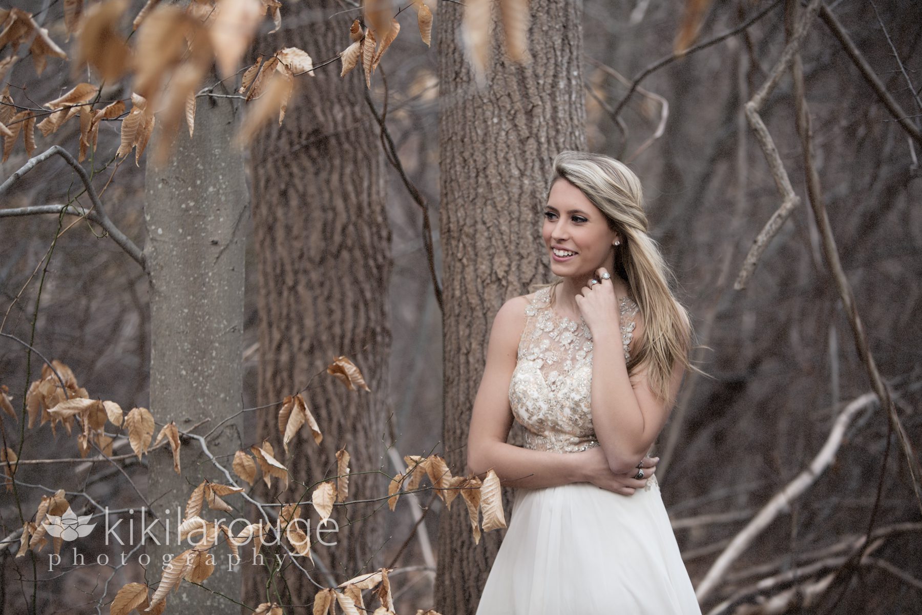 Senior Portrait in woods with prom dress