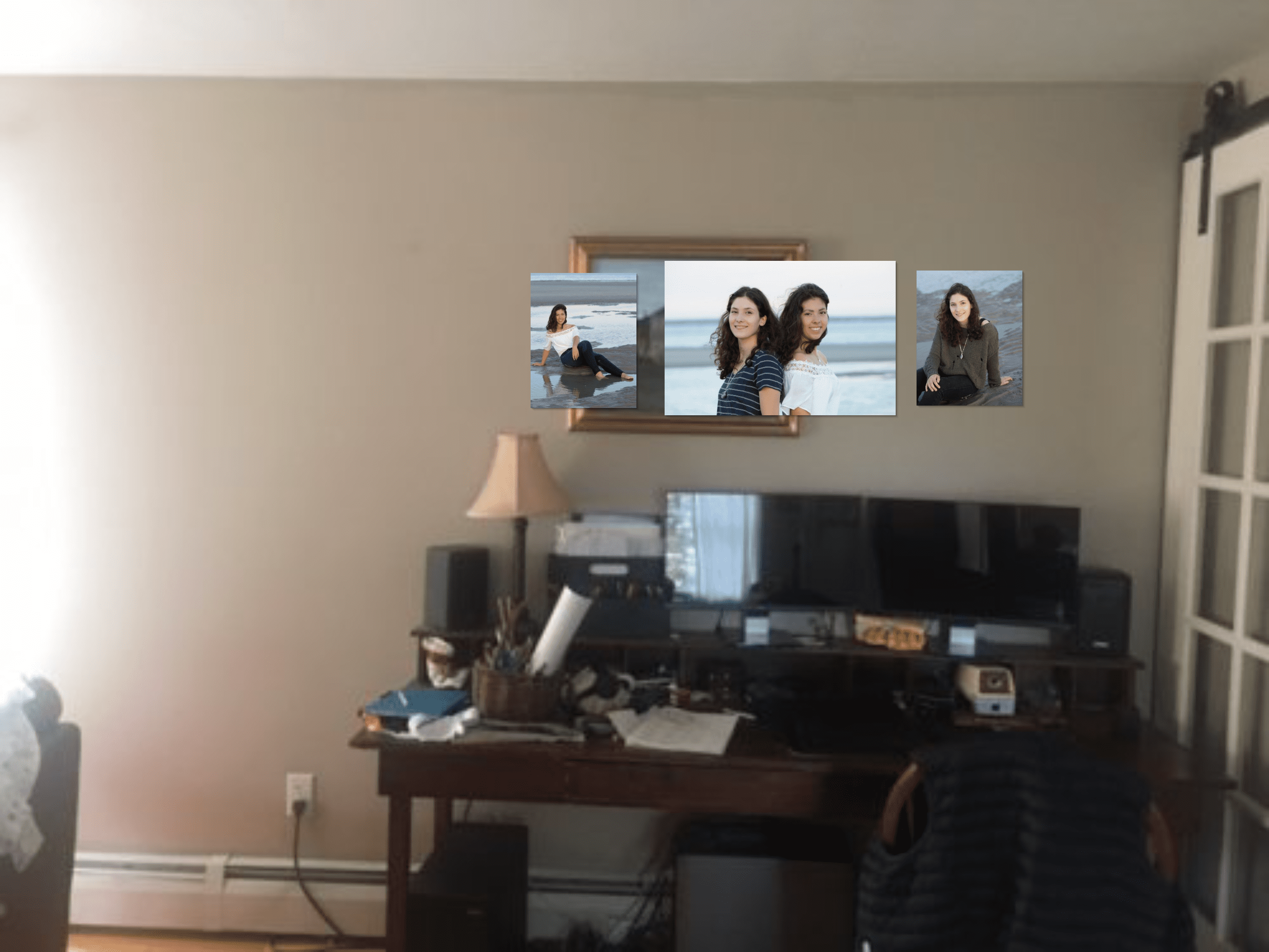 Senior Portraits of Twins on wall about desk