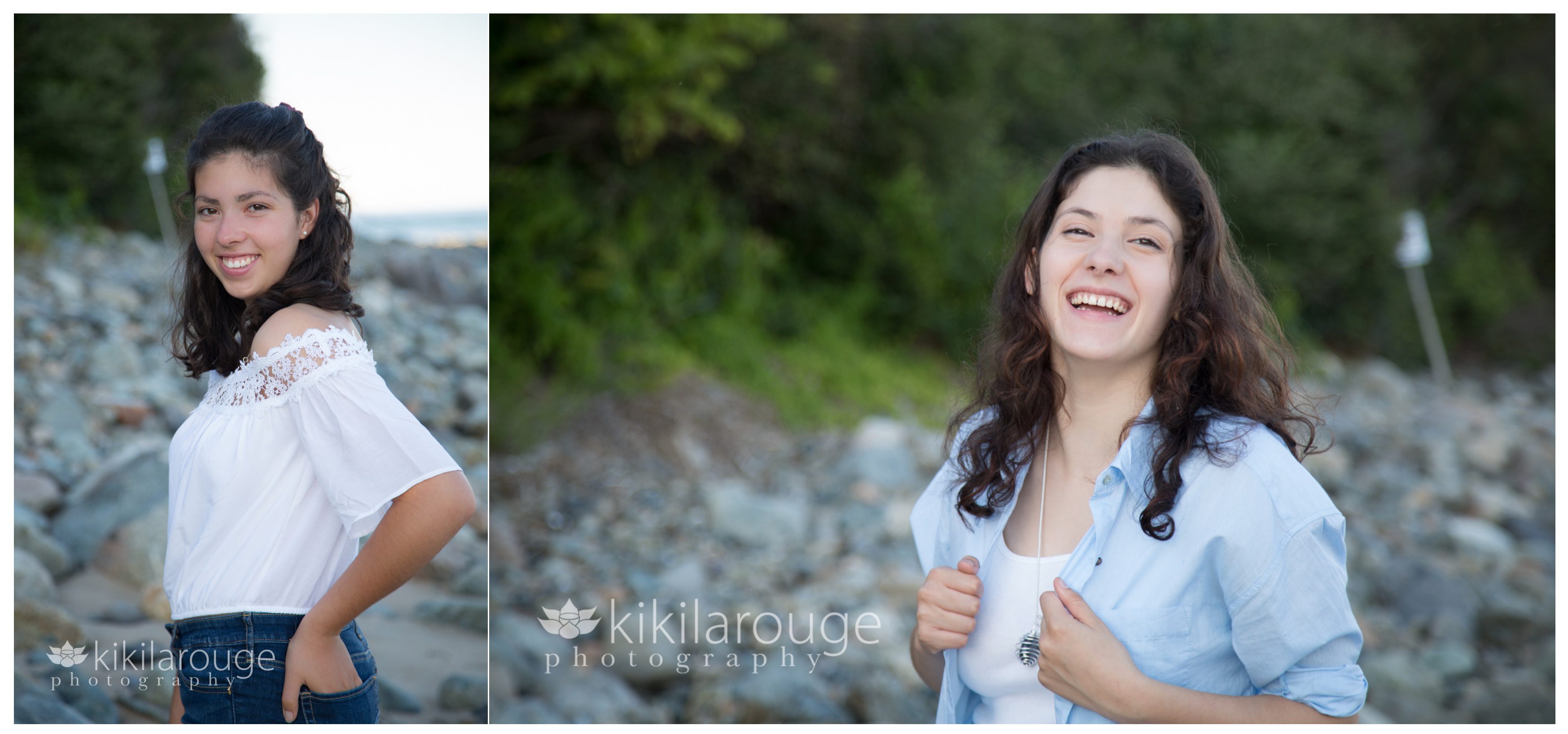 Two senior portraits twins on rocks at beach