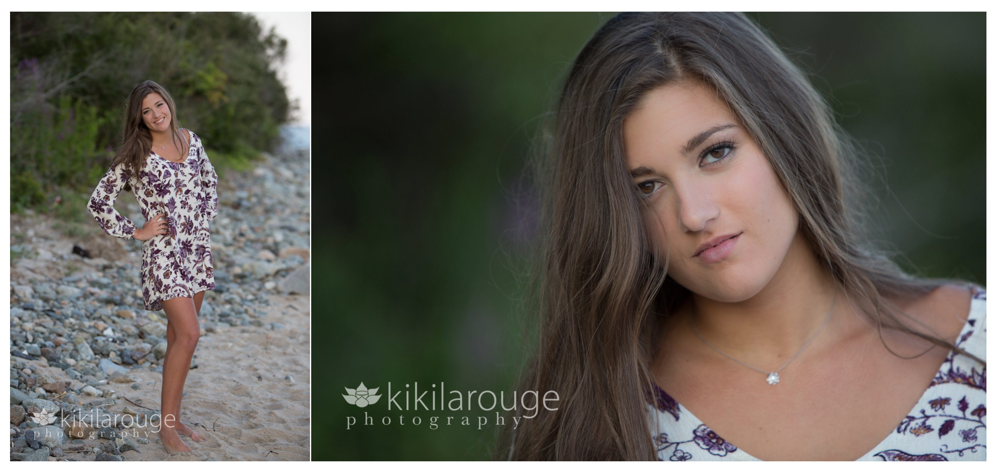 Two senior portraits of girl floral dress