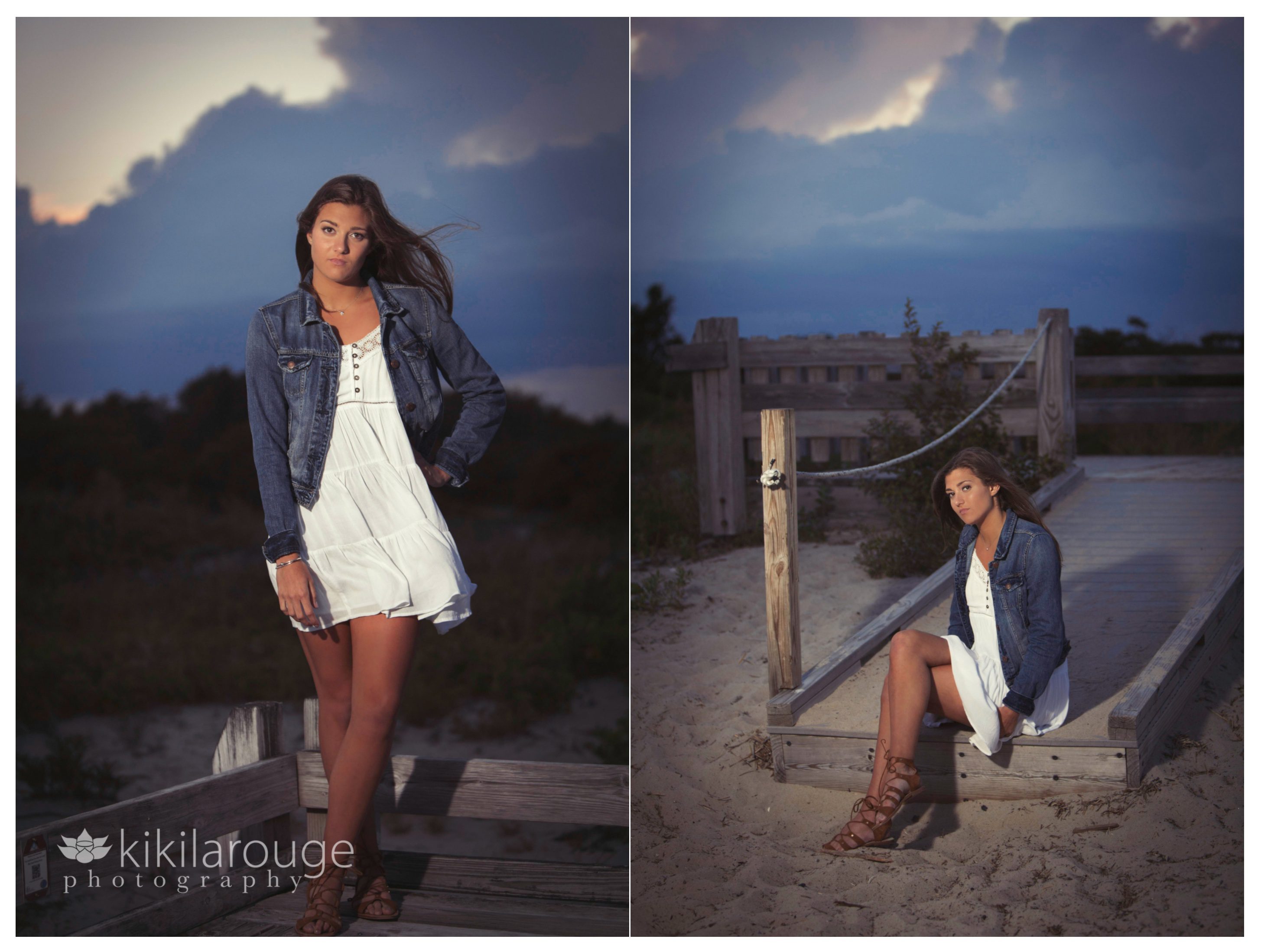 Senior Girl portrait denim jacket dramatic Plum Island Sunset