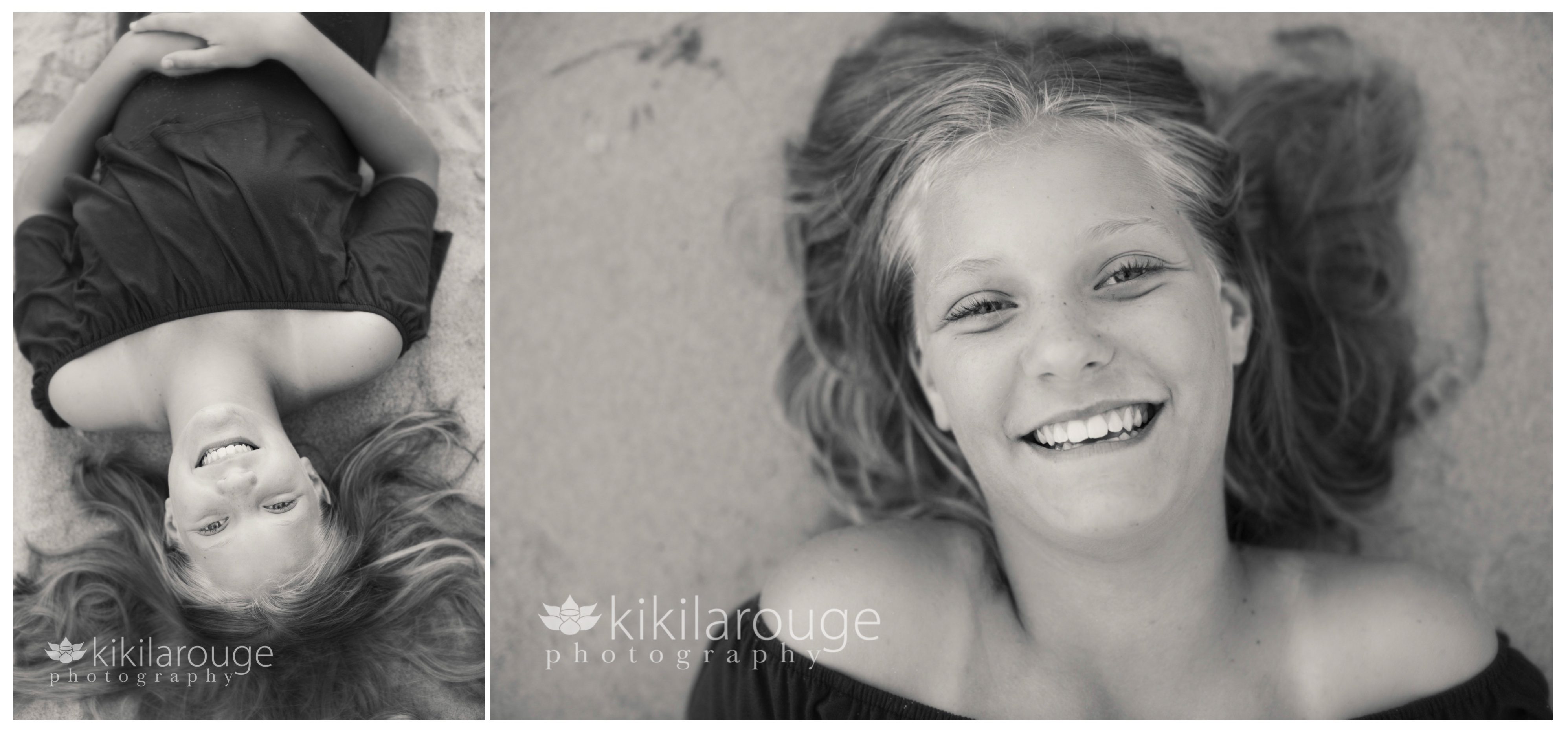 Two portraits of tween girl in sand