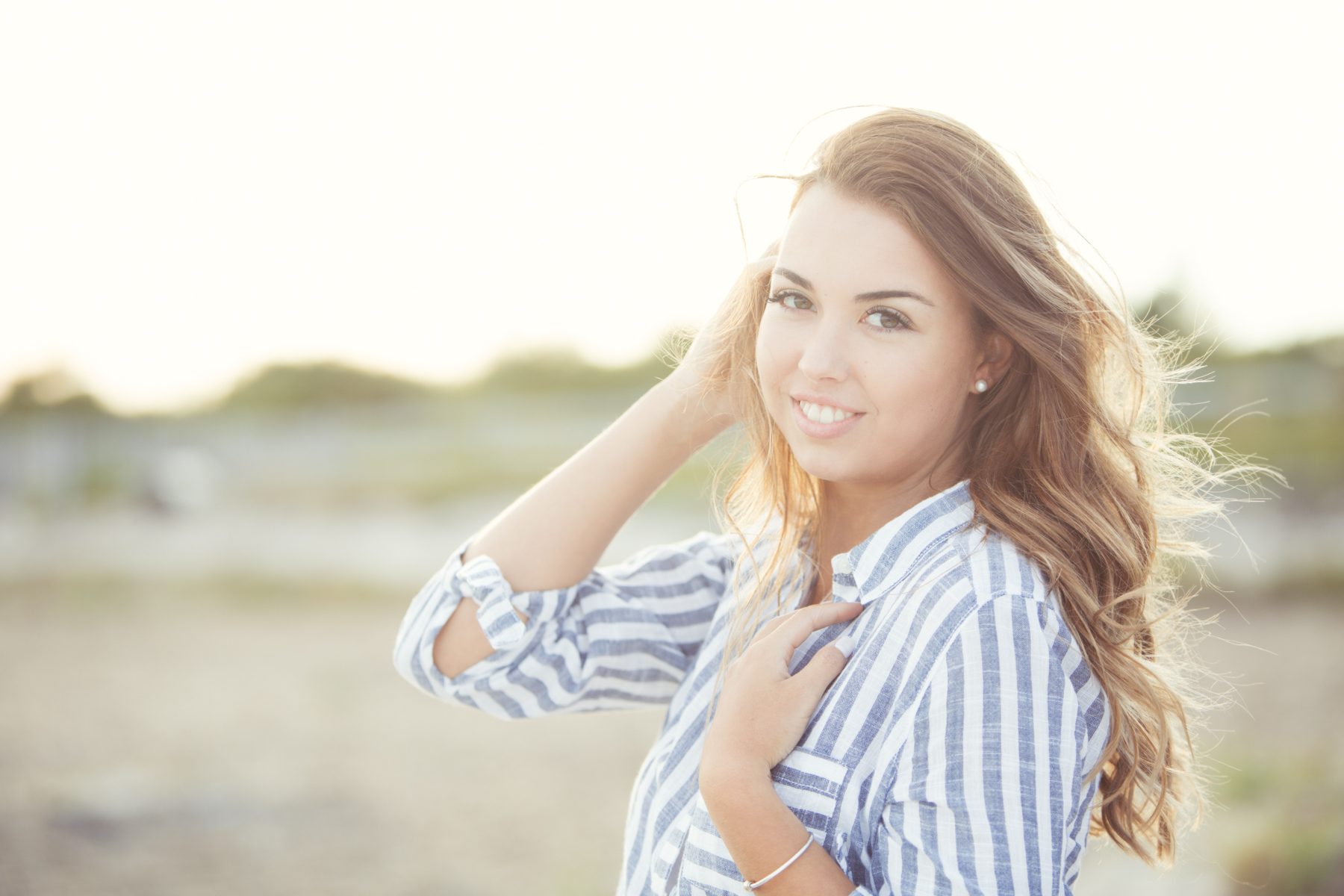 Senior Portrait girl striped shirt beach