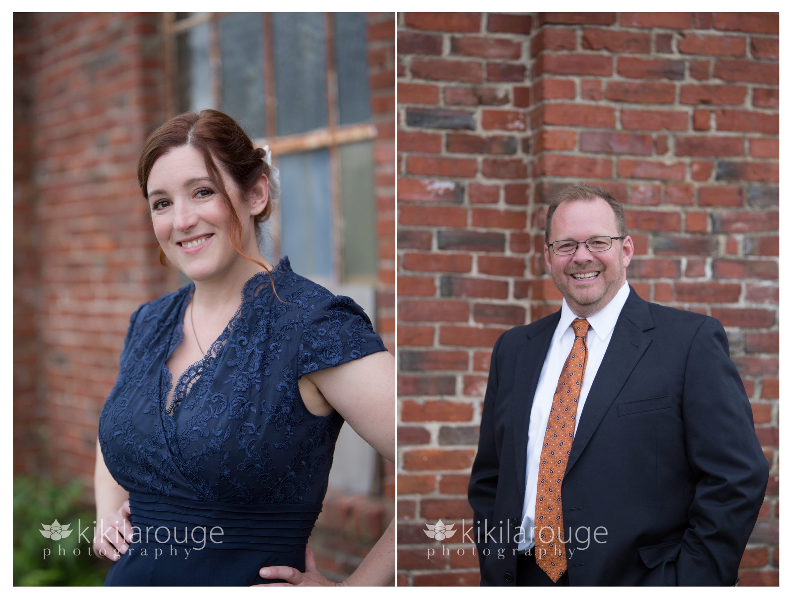 Bride and Groom portraits in front of brick wall
