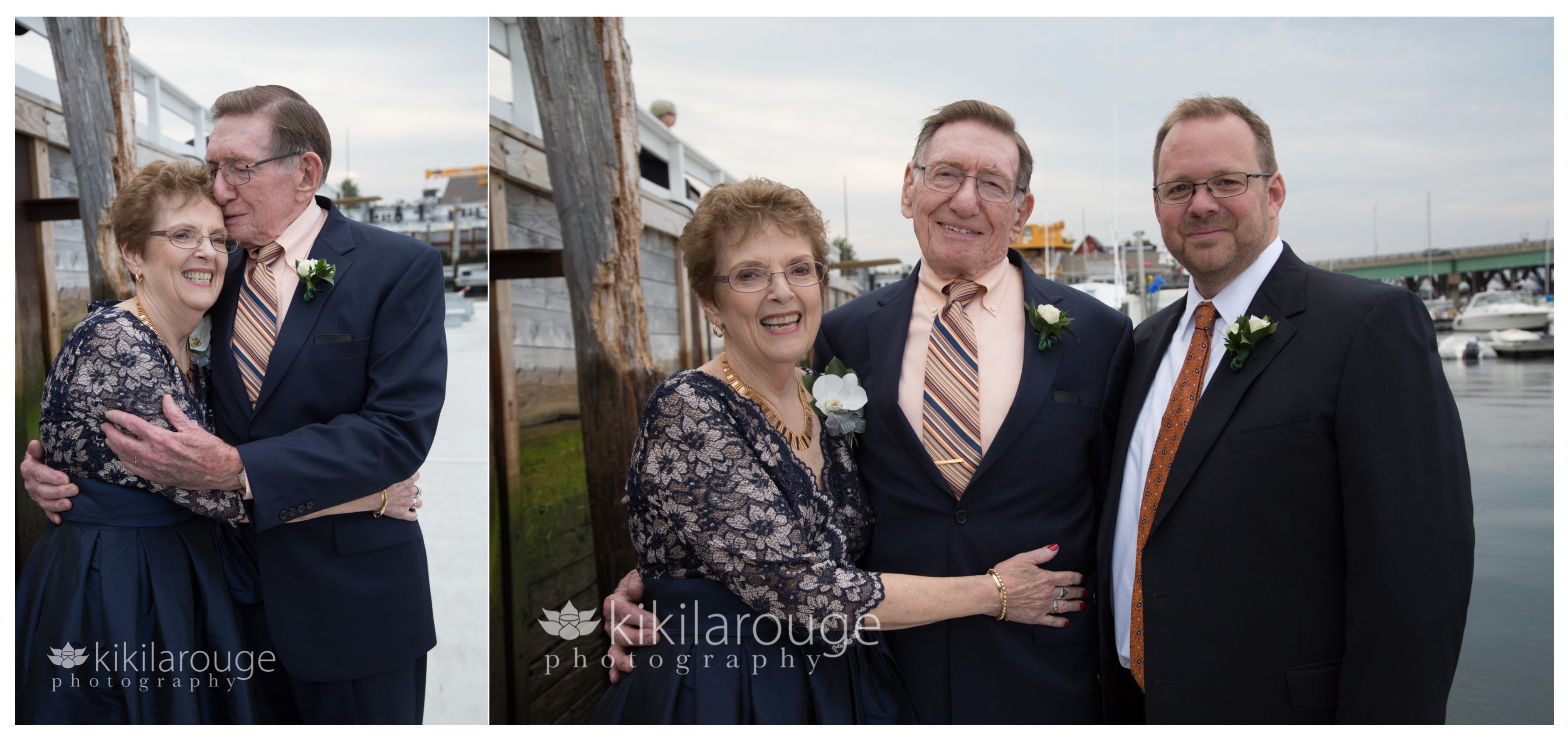 Groom with his parents on boat dock