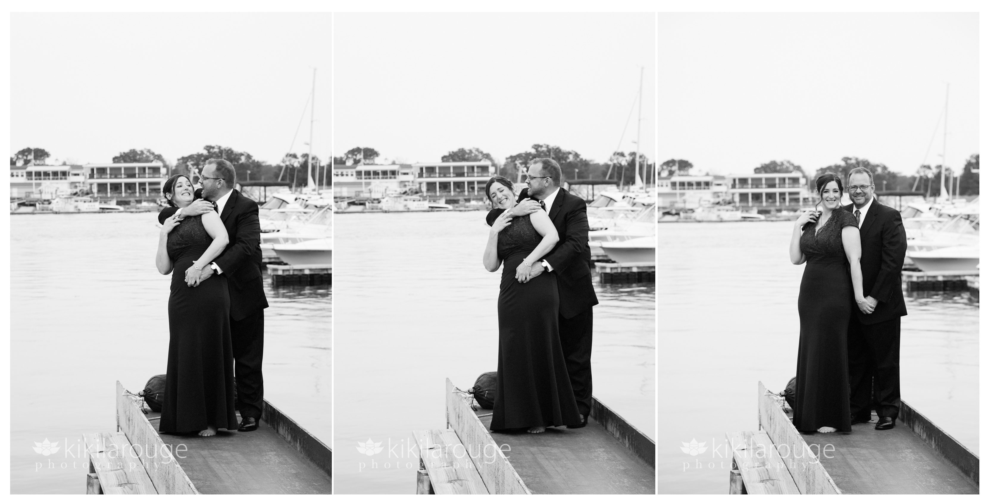 Triptych of bride and groom together at pier