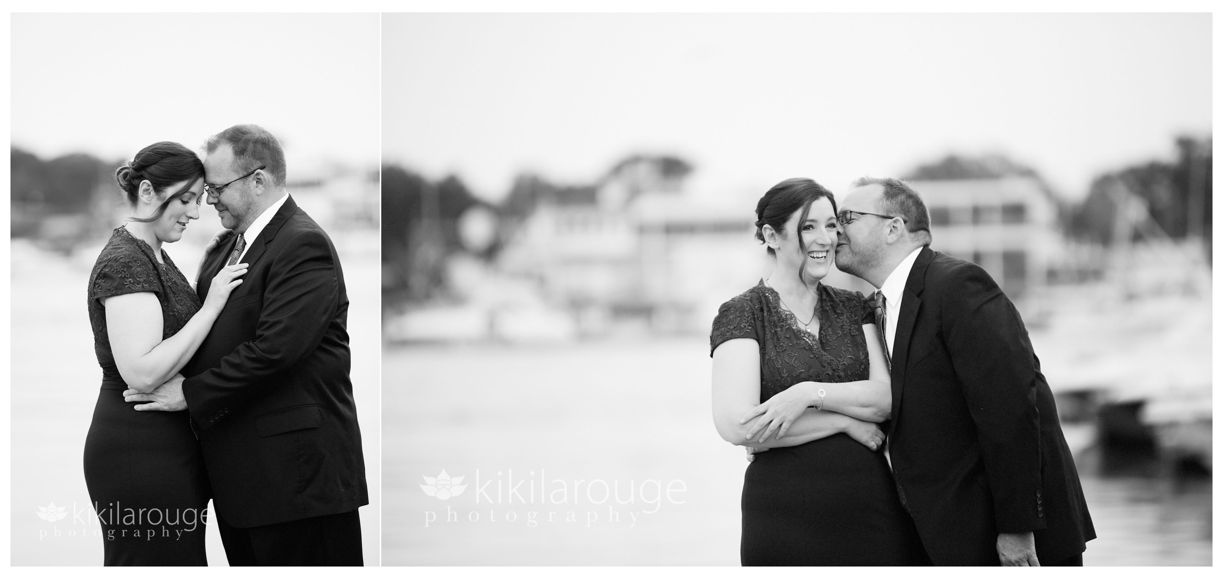 Sweet moment with bride and groom on waterfront Newburyport