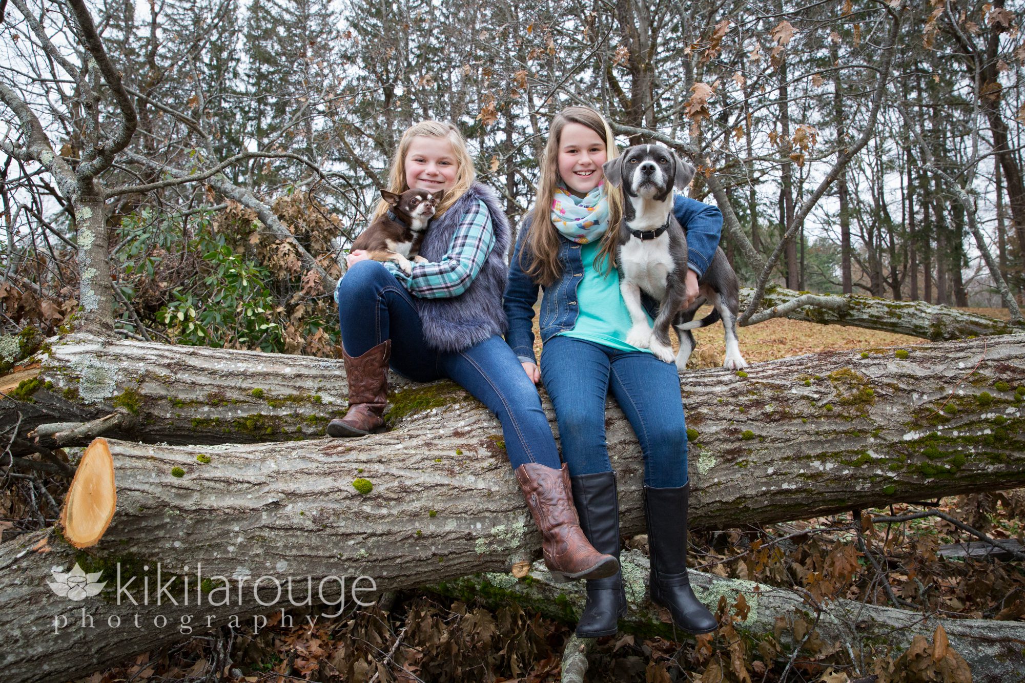 Sisters on log with their two dogs
