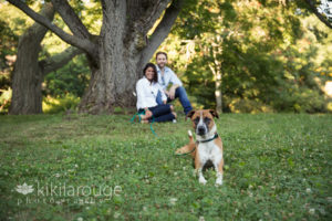 Dog in grass with parents in background sitting by tree
