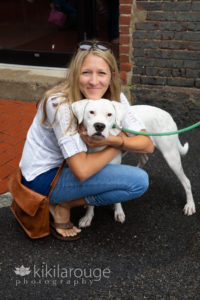 White rescue pup with his new Mom