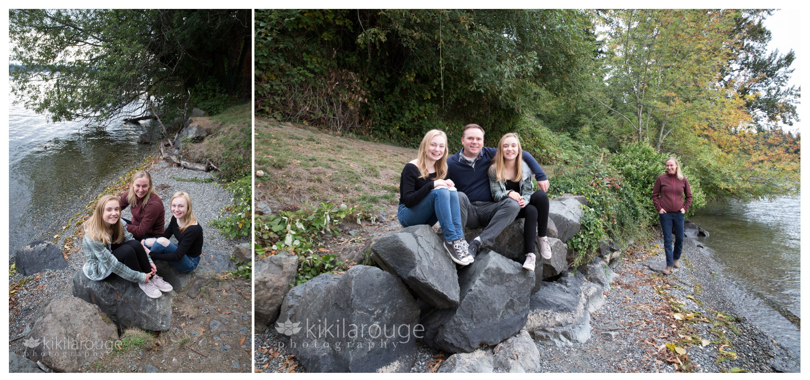 Family sitting on rocks at water's edge Seattle