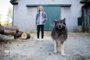 German shepherd dog with owner at barn