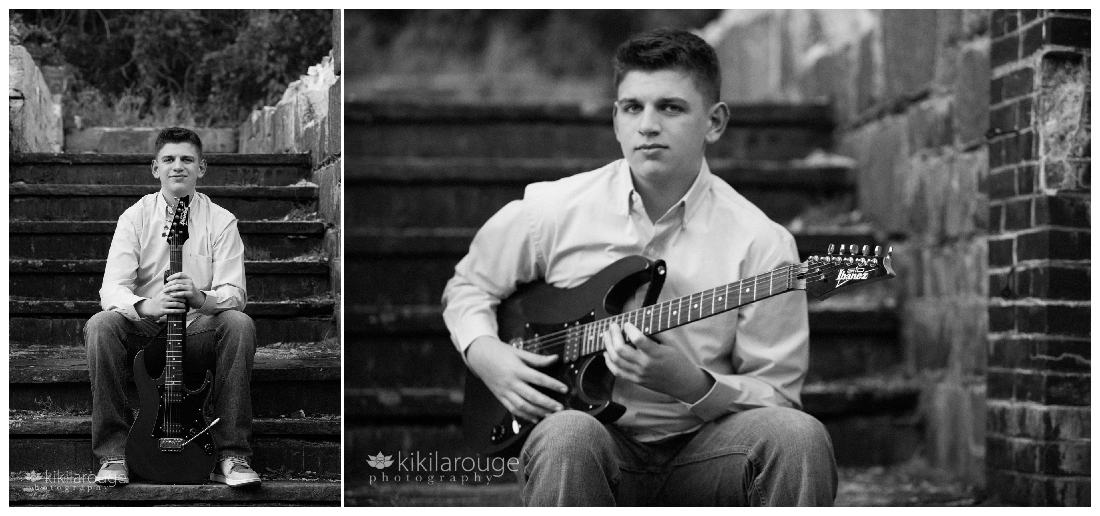 Two portraits BW senior boy with electric guitar