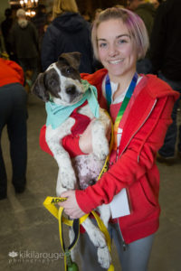 Cute girl with red sweatshirt and brown spotted puppy