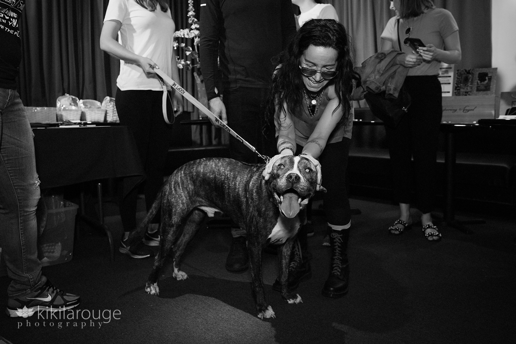 Janeane Garofalo with brindle pit mix rescue dog