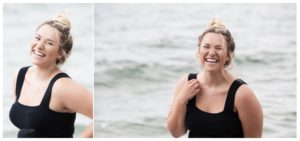 Girl with hair in bun and black halter laughing at beach