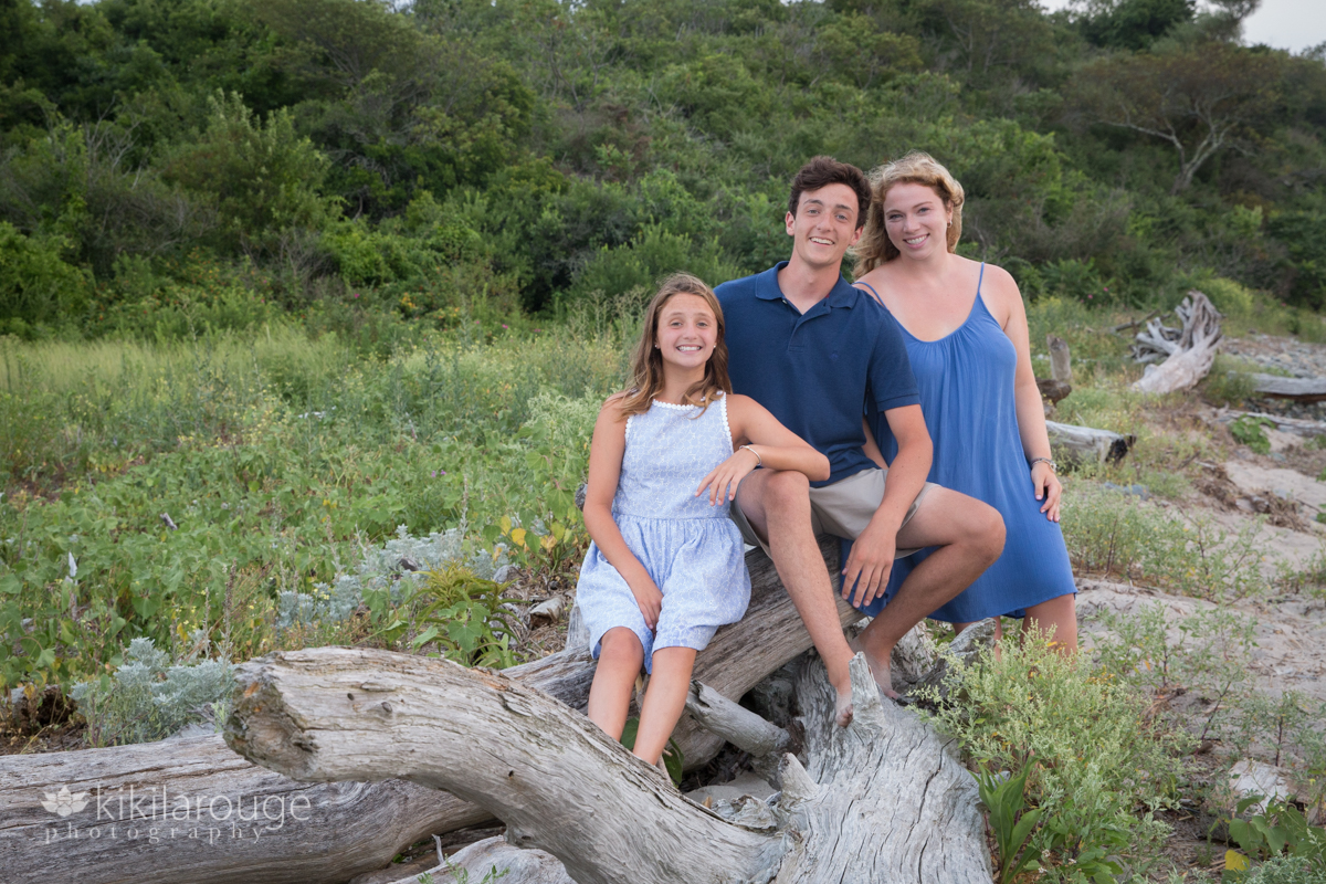 Three sibling sitting on driftwood at beach in blue