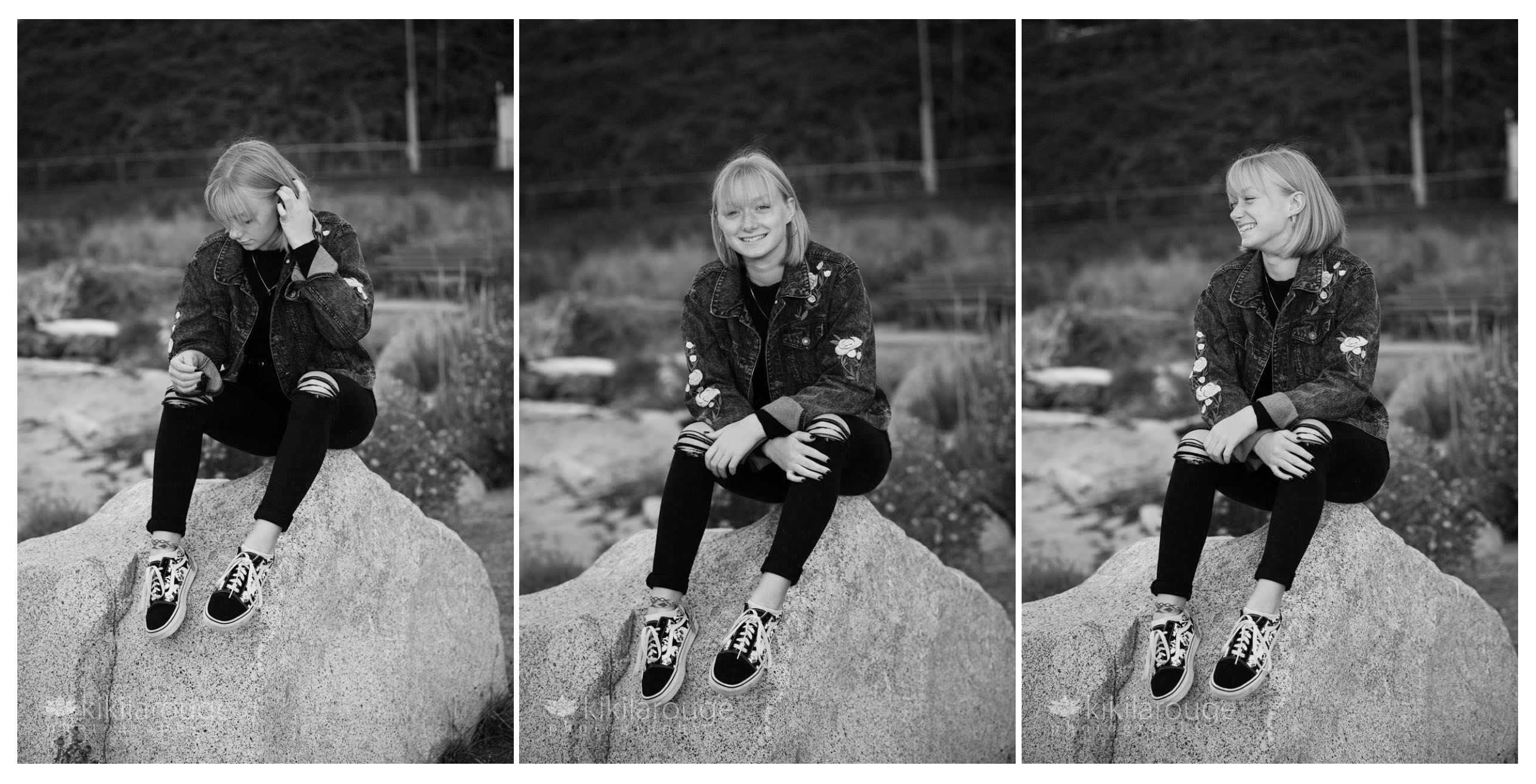 Three portraits teen girl sitting on rock at beach