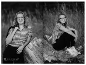 Two portraits teen girl striped shirt jeans on driftwood at beach