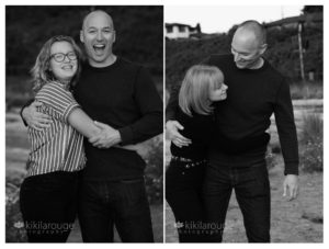 Two portraits of Dad in black with each of his daughters laughing
