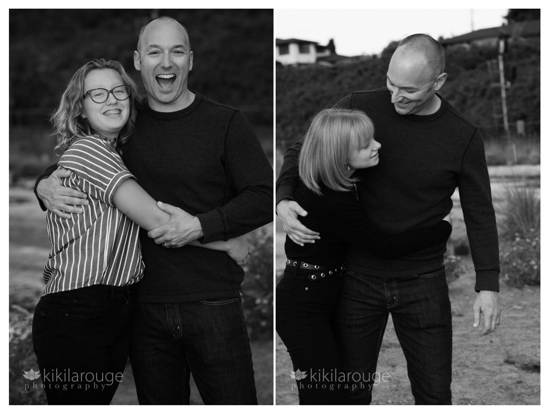 Two portraits of Dad in black with each of his daughters laughing