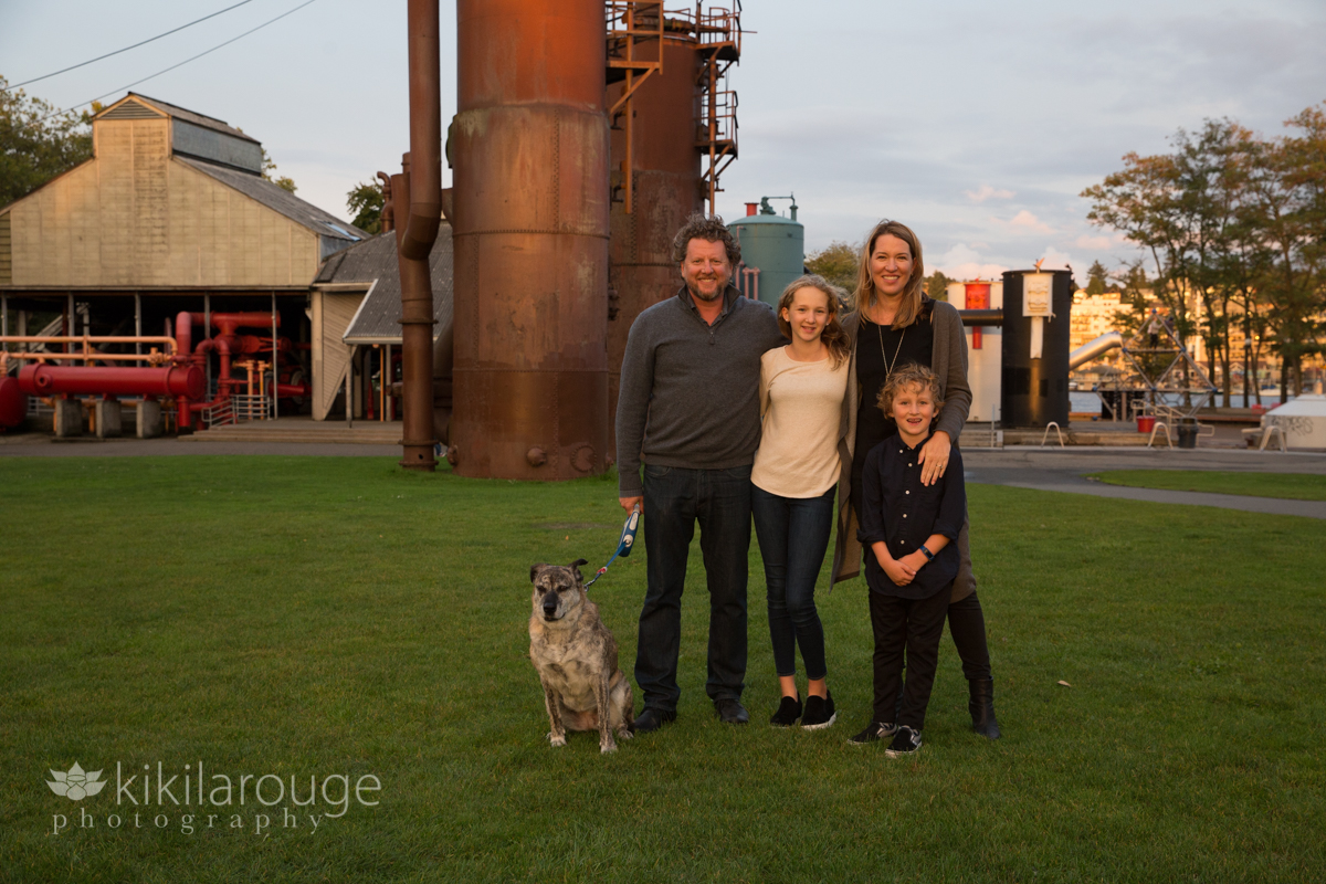 Family of four with dog portrait at Gas Works Park Seattle