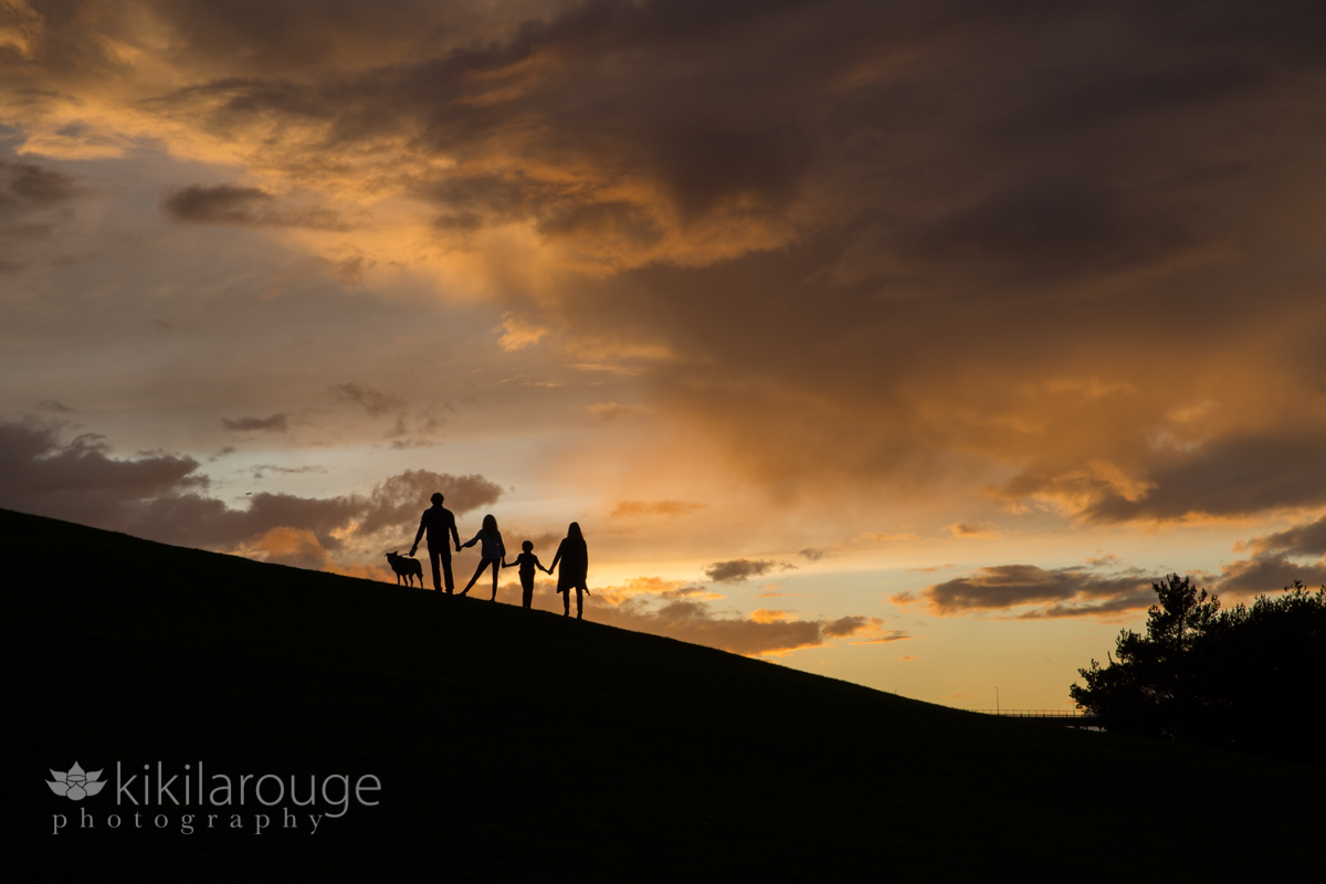 Silhouette of family standing on slated hill with vibrant sunset