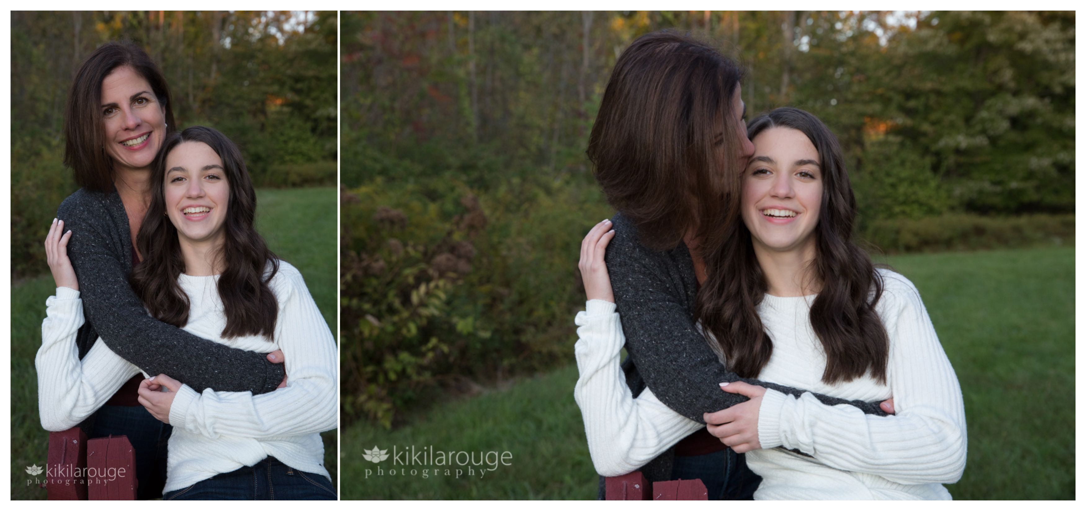 Two portraits of Mother and teen daughter laughing and hugging