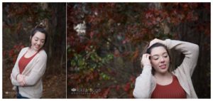 Senior portraits girl in red shirt by red leaves