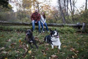 Couple sitting on log in forest with two dogs in front