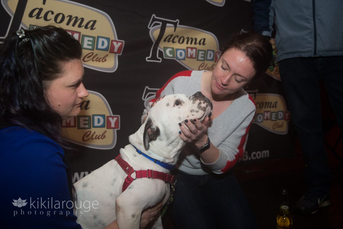 Woman holding face of bulldog pit mix rescue dog at Tacoma Comedy Clug