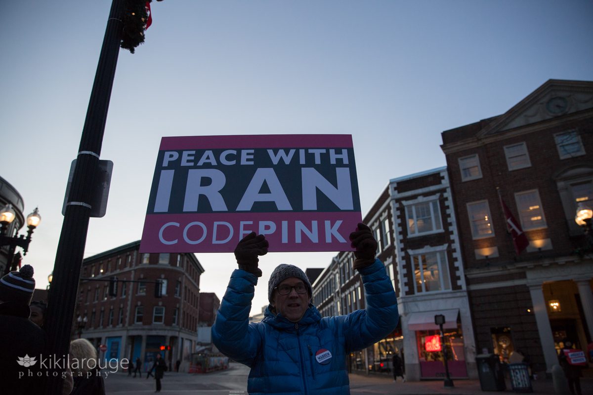Codepink Peace with Iran sign at Harvard Square protest