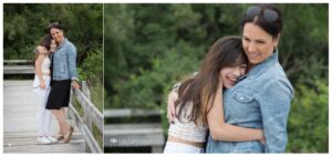 Two portraits of teen girl hugging Mom in black dress