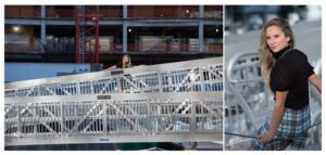 Girl on metal bridge in Boston Seaport
