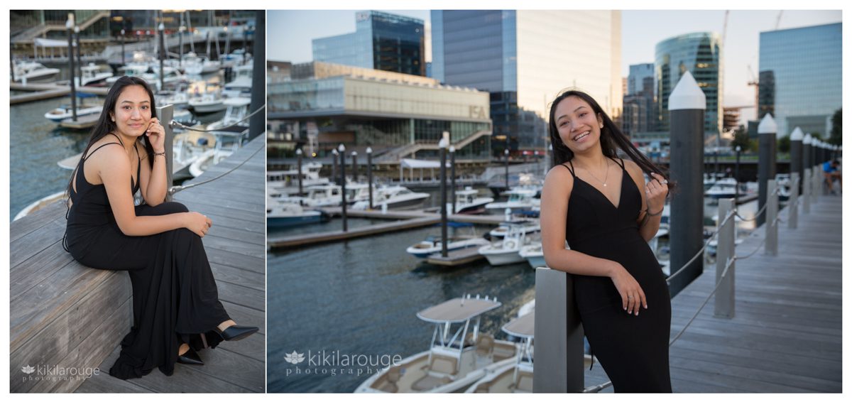 Teen girl in black prom dress with Seaport Boston backdrop