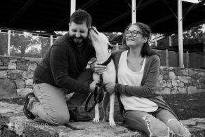 Couple with their dog on stone wall giving kisses to man