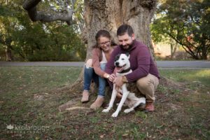 Couple by tree snuggling their cute brown and white rescue dog